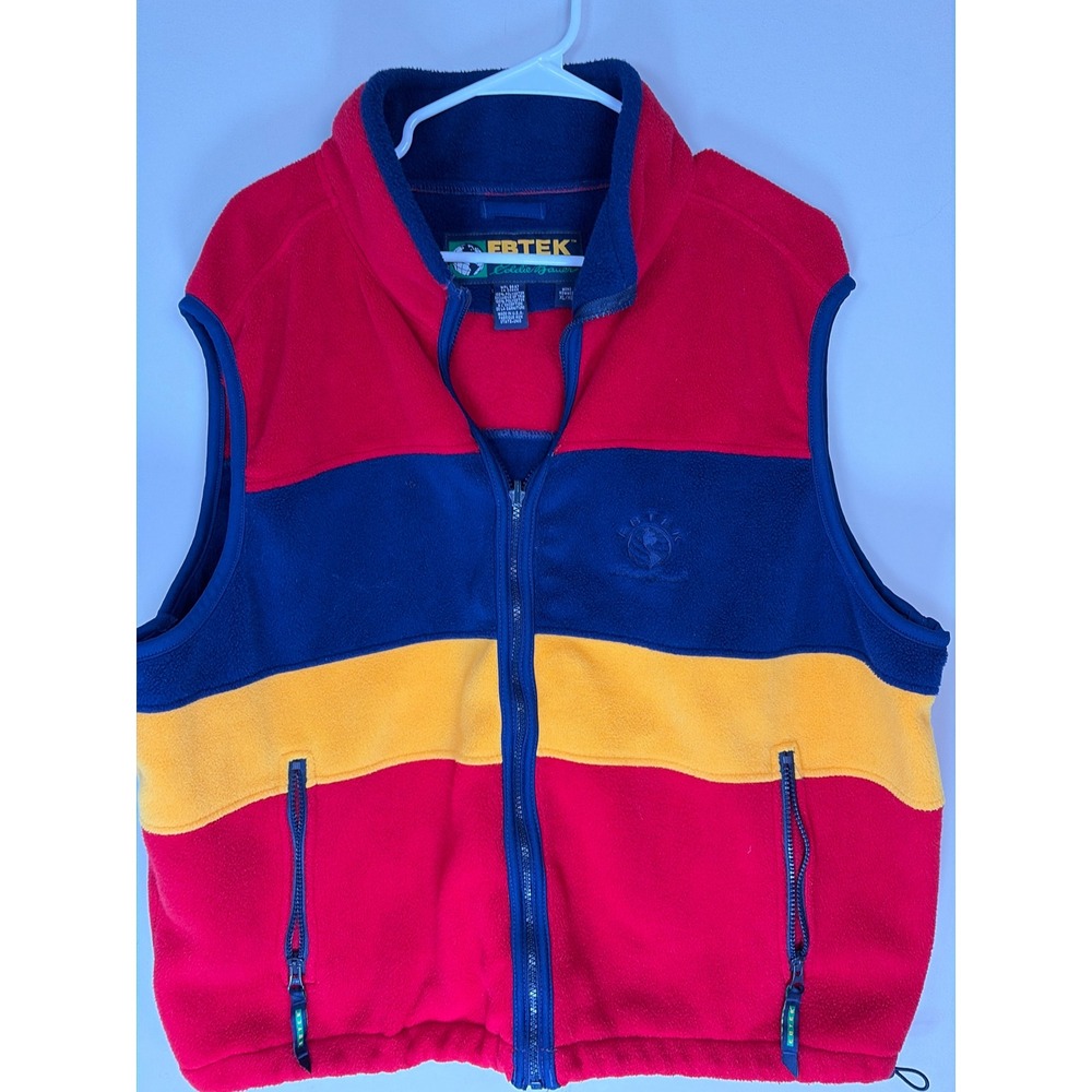 Vintage EBTEK Eddie Bauer Fleece Vest Mens XL Color Block Red Blue Yellow USA